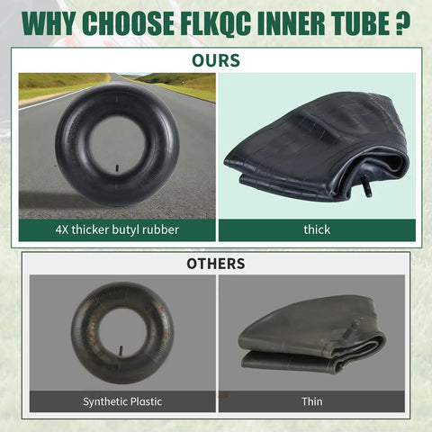 Comparison of Two Pack 18x8.50/9.50-8 Inner Tubes With TR-13 Valve showing thicker butyl rubber versus synthetic plastic.
