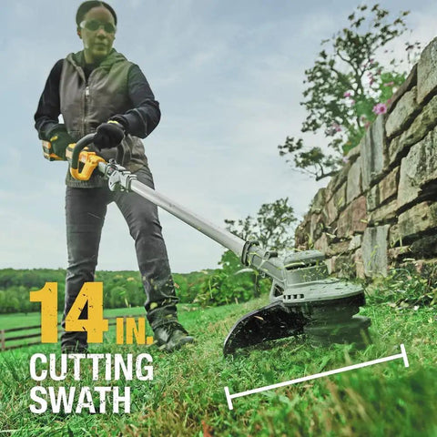 Person using 20V Max XR Cordless String Trimmer 14-Inch Tool Only, Foldable Design For Easy Storage, shown trimming grass