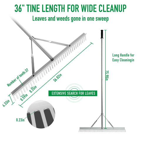 Diagram of 36 inch aluminum garden rake with 76 inch long handle and 37 tines, wide head rake for lawns and landscaping