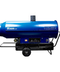 Heavy Duty Mobile Indirect Diesel Air Heater Dropping Serious Heat For Job Sites And Contractor Crews With Straight Up Reliable Commercial Fuel Warming Setup For Quick Site Thawing side view of blue Blaze 300 heater on wheels.