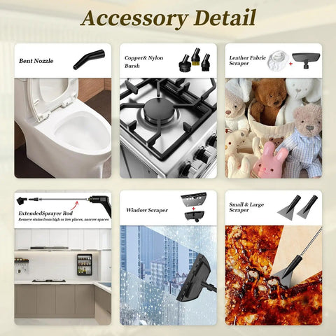 Powerful 2500W Handheld Steam Cleaner With 3 Level Adjustable Handle And 16 Accessories, detailed view of accessories like bent nozzle and scrapers.