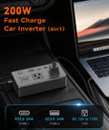 200 Watt Car Power Inverter With 12V DC To 110V Adapter 6 Port Multi Plug on car console for fast charging devices.