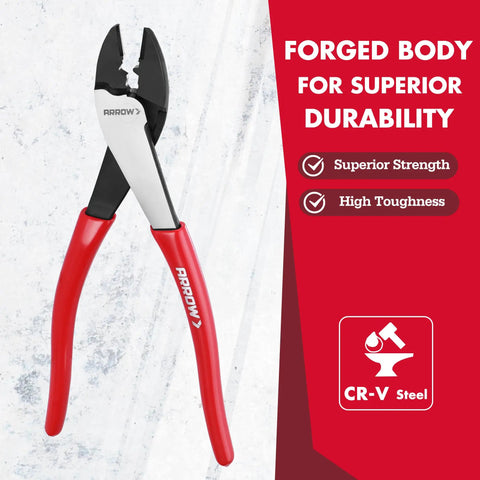 Heavy Duty 9.5 Inch Wire Crimper Cutter For 10 To 22 Awg Copper Wire Dual Action Terminal Plier with red anti-slip handle.