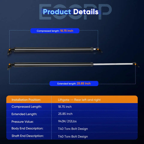 Rear Liftgate Lift Supports Set Of Two For 2001 2007 Chrysler Town And Country, 2001 2003 Voyager, 2001 2007 Dodge Caravan, 2001 2007 Grand Caravan, Gas Spring Shocks For Trunk Hatch with dimensions 18.75 to 25.85 inches and T40 Torx bolt design.