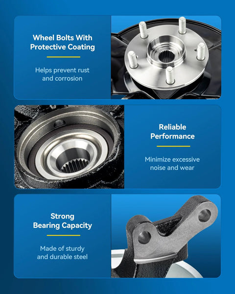 Front Steering Knuckle And Wheel Bearing Hub Assembly For Toyota Camry 1997 To 2001 details, wheel bolts, and bearing close-up.