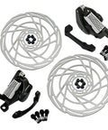 Heavy Duty Post Mount Dual Piston Mechanical Disc Brake Set With Rotors showing calipers, 160mm rotors, and mounting bolts.