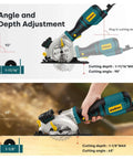 Enventor mini circular saw with teal/black body, 4-1/2-inch blade, 6 blades, laser guide, adjustable 90°/45° cuts