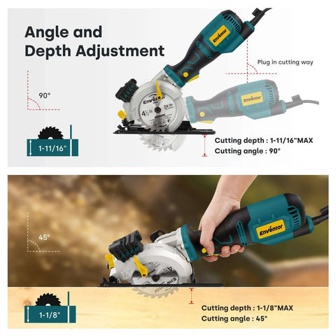 Enventor mini circular saw with teal/black body, 4-1/2-inch blade, 6 blades, laser guide, adjustable 90°/45° cuts