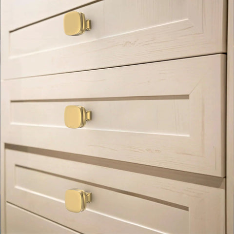 Square Cabinet Knobs in Champagne Bronze With Brushed Zinc Alloy Finish on white drawers, Sleek Modern Square Hardware for Kitchen Cabinets