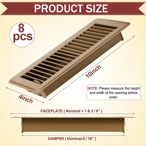 Diagram showing 12 Pack 4x10 Floor Vent Covers Heavy Duty Metal Registers With Rust Proof Finish For Home Heating Satin Brown
