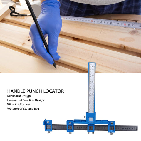 Boss Level Aluminum Punch Locator Drill Guide Kickass Cabinet Hardware Jig in use marking wood with a pencil for precise placement.
