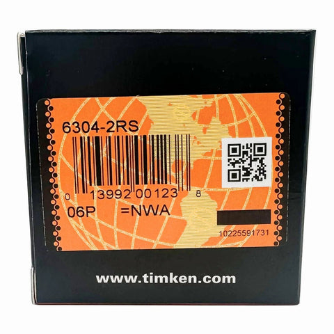 Timken 6304-2RS bearing on a black box with orange label and globe design; front view.