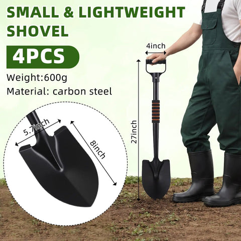 Four Piece 27 Inch Curved D Handle Shovel Set For Gardening And Digging, Portable Heavy Duty Mini Spades shown with dimensions