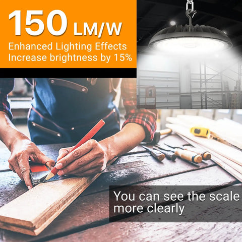 150W LED high bay light illuminating a woodworking area in a workshop, close-up showing woodworker's hands and tools