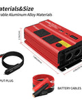 Heavy Duty 1200W Car Power Inverter 12V To 110V AC Converter, red aluminum alloy with input plug and battery cables for charging.