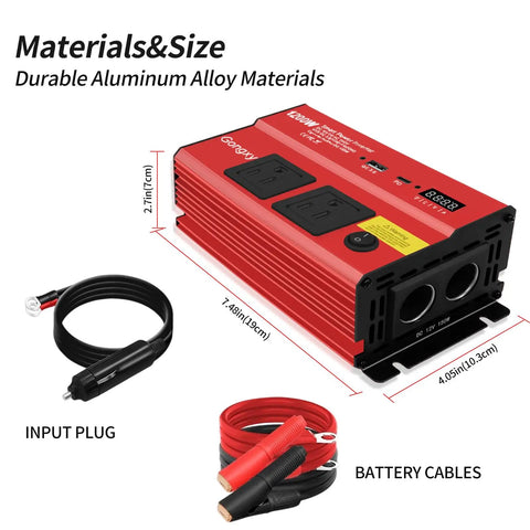 Heavy Duty 1200W Car Power Inverter 12V To 110V AC Converter, red aluminum alloy with input plug and battery cables for charging.