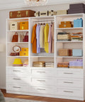 Heavy Duty 3 Piece Closet System With Nine Drawers And Nine Shelves Features Four Expandable Hanging Rods For A Flex Modular Walk In Layout showcasing colorful garments, bags, and accessories.