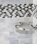 Wynford Corner Shower Basket In Brushed Nickel For Bathroom Storage mounted on tiled shower wall
