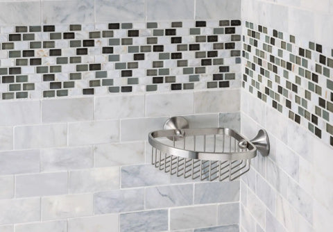 Wynford Corner Shower Basket In Brushed Nickel For Bathroom Storage mounted on tiled shower wall
