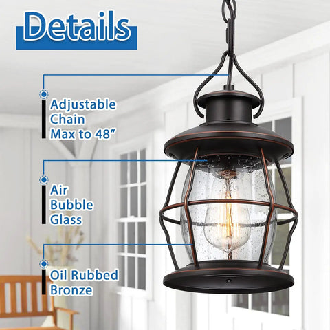Outdoor Pendant Light For Porch And Patio, Farmhouse Exterior Hanging Fixture With Adjustable Chain, Oil Rubbed Bronze Finish With Bubble Glass highlighting details.