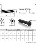 Straight Up Heavy Duty Flat Head Self Tapping Screw Assortment Kit For Wood And Sheet Metal In Black Carbon Steel Nine Sizes One Hundred Pieces Each For Top Shelf Durability diagram with measurements and size specifications.
