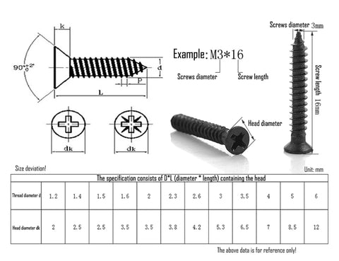 Straight Up Heavy Duty Flat Head Self Tapping Screw Assortment Kit For Wood And Sheet Metal In Black Carbon Steel Nine Sizes One Hundred Pieces Each For Top Shelf Durability diagram with measurements and size specifications.