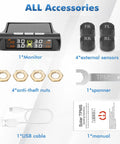 Real Time Tire Pressure Monitoring System With Solar Charging, 4 TPMS Sensors Pack, High Precision Readouts To 0.5 PSI, Updates Every 3 Seconds While Driving, Easy Install, Boost Safety And Driver Peace of Mind. Accessories included