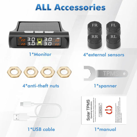 Real Time Tire Pressure Monitoring System With Solar Charging, 4 TPMS Sensors Pack, High Precision Readouts To 0.5 PSI, Updates Every 3 Seconds While Driving, Easy Install, Boost Safety And Driver Peace of Mind. Accessories included