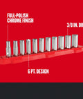 Metric Three Eighths Inch Drive Six Point Socket Set, Eleven Piece With Deep Sockets, Chrome Finish for Corrosion Resistance