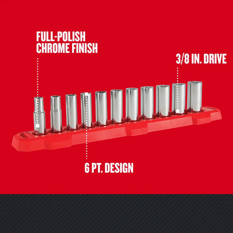 Metric Three Eighths Inch Drive Six Point Socket Set, Eleven Piece With Deep Sockets, Chrome Finish for Corrosion Resistance