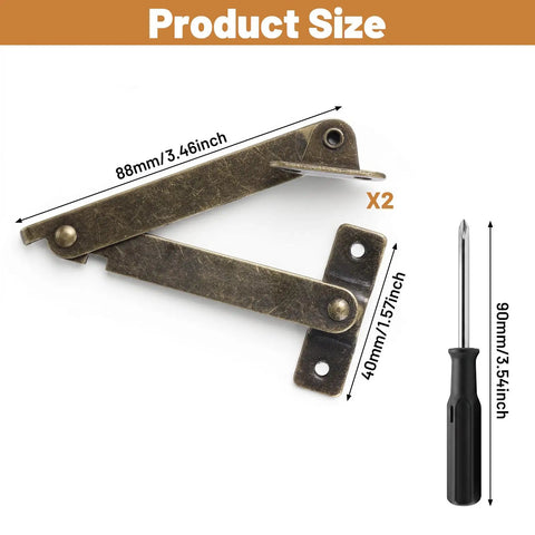 Antique Bronze Left Side Lid Stay Hinges Small Folding Hinges For Box Lids Jewelry Boxes And Chests Includes 2 Hinges 8 Screws And Mini Screwdriver Full Extend 5.9 Inches, showing hinge and screwdriver dimensions.