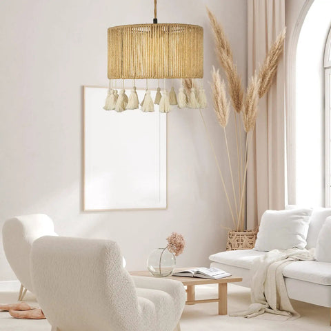 Boho Hemp Rope Pendant Light With Plug In Cord 15ft Hanging Lamp With On Off Switch UL Certified Socket in cozy living room