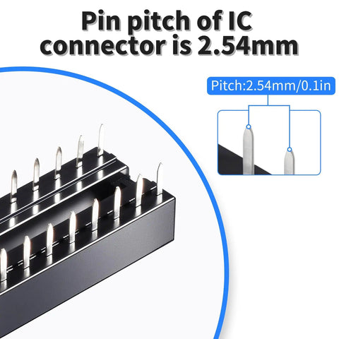 Close-up of 24 Pin DIP IC Socket 2.54mm Pitch Narrow Body for Soldering, showing pin alignment and measurement details