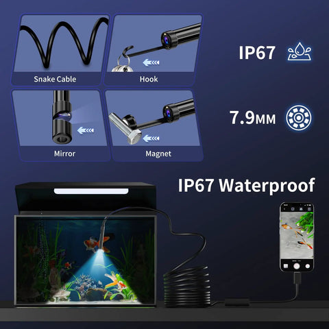Endoscope Camera With Light 1920P HD Borescope showing snake cable, hook, mirror, magnet, IP67 waterproof, 7.9mm size