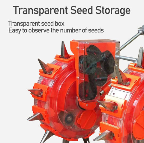 Double Row Garden Seeder Spreader Walk Behind Manual Seed Planter with transparent seed storage box and 10 nozzles
