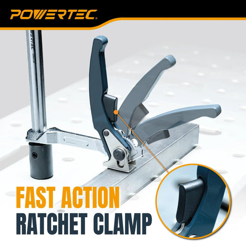 Heavy Duty Welding Clamps Set of 2 for 5/8 Inch Fixture Holes, up to 999 lb clamp force, fast action ratchet clamp on table