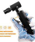 Badass Compact Air Die Grinder With Right Angle 20000 RPM Pneumatic Drive held in hand, showing safety switch and compact design.