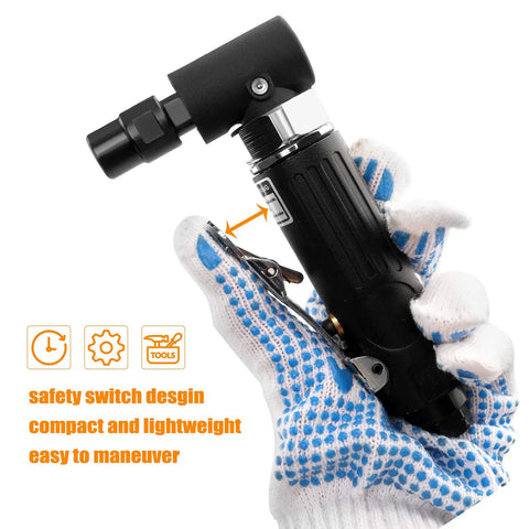 Badass Compact Air Die Grinder With Right Angle 20000 RPM Pneumatic Drive held in hand, showing safety switch and compact design.