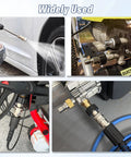 Four views of stainless steel APOWER pressure washer quick-connect kit with M22-14mm to 3/8 in adapters, 9 pcs.