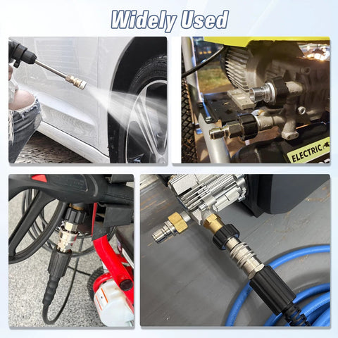 Four views of stainless steel APOWER pressure washer quick-connect kit with M22-14mm to 3/8 in adapters, 9 pcs.