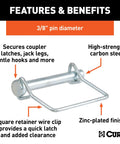 Three Eighths Inch Trailer Coupler Pin, Two And Three Quarter Inch Long, Clear Zinc Finish, shown with wire clip.