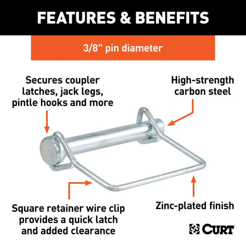 Three Eighths Inch Trailer Coupler Pin, Two And Three Quarter Inch Long, Clear Zinc Finish, shown with wire clip.