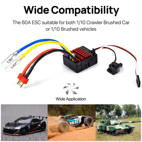 60A Waterproof Brushed ESC For 2 To 3S LiPo RC Cars Trucks Boats And 1/10 Scale Crawlers High Current Electronic Speed Controller