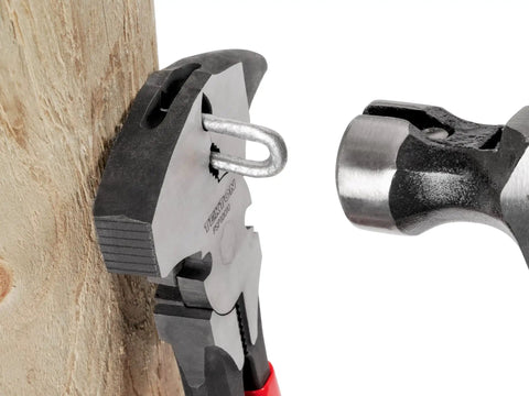 10-1/2 Inch Fencing Pliers With Staple And Nail Puller And Wire Splicer For Fence Installations, gripping staple on wooden post