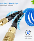 Hella Flexible Polyurethane Recoil Air Hose With Built In Bend Restrictor And Snappy Brass Quick Connect Couplers showing dual bend restrictors and brass fittings.