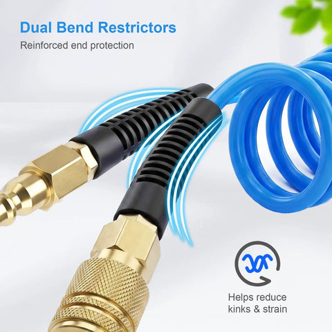 Hella Flexible Polyurethane Recoil Air Hose With Built In Bend Restrictor And Snappy Brass Quick Connect Couplers showing dual bend restrictors and brass fittings.