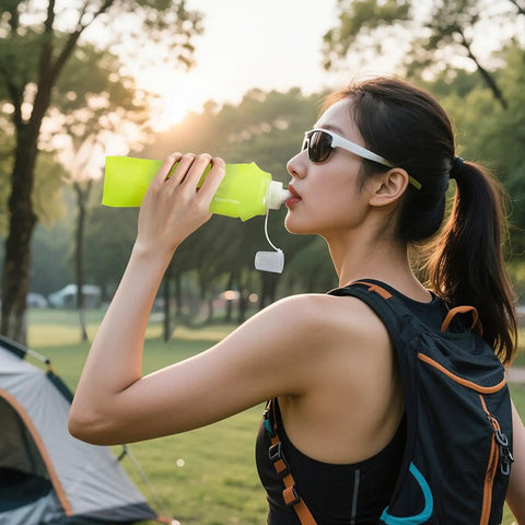 Woman drinking from Leak Proof Folding Water Bottle With Sport Design during an outdoor hike.
