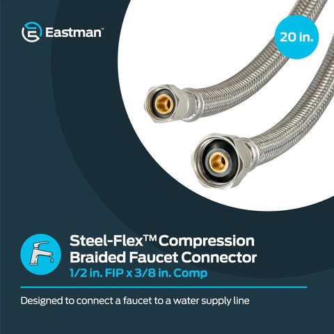 20 Inch Stainless Steel Braided Faucet Connector With Flexible Universal Design And Easy Install, 1/2 Inch FIP To 3/8 Inch Compression, Durable Sink Water Supply Line For Kitchen And Bathroom Faucets showing close-up of connector ends