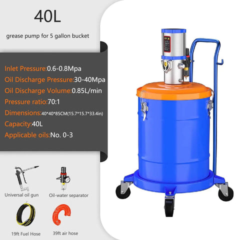 Heavy Duty Pneumatic Grease Pump For 5 Gallon Drums, 70 To 1 Pressure Ratio, 40L Capacity, blue drum with orange lid