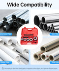 Heavy Duty Ratchet Pipe Threader Kit With Five Swappable Die Heads For Galvanized And Steel Tubing shown with various pipe types.